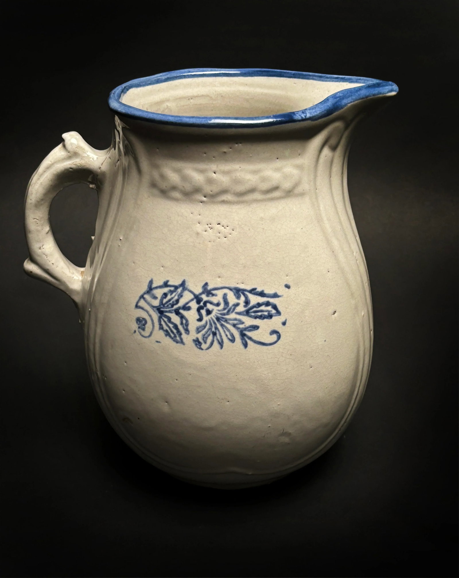 Early 1900s Blue and White Antique Salt Glaze Stoneware Milk Pitcher - 10