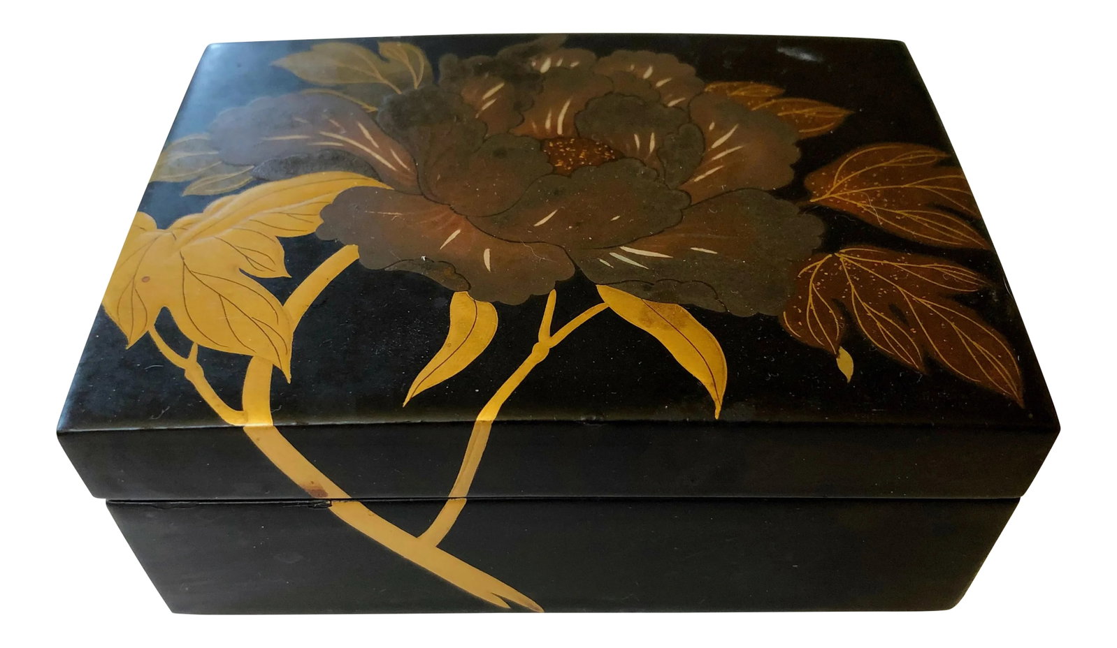 Japanese Floral Box: This beautiful lacquered box is hand painted with a single peony blossom that wraps three sides of the box. Condition: Alterations: Original Condition Unaltered Imperfections: Some Imperfections Condi