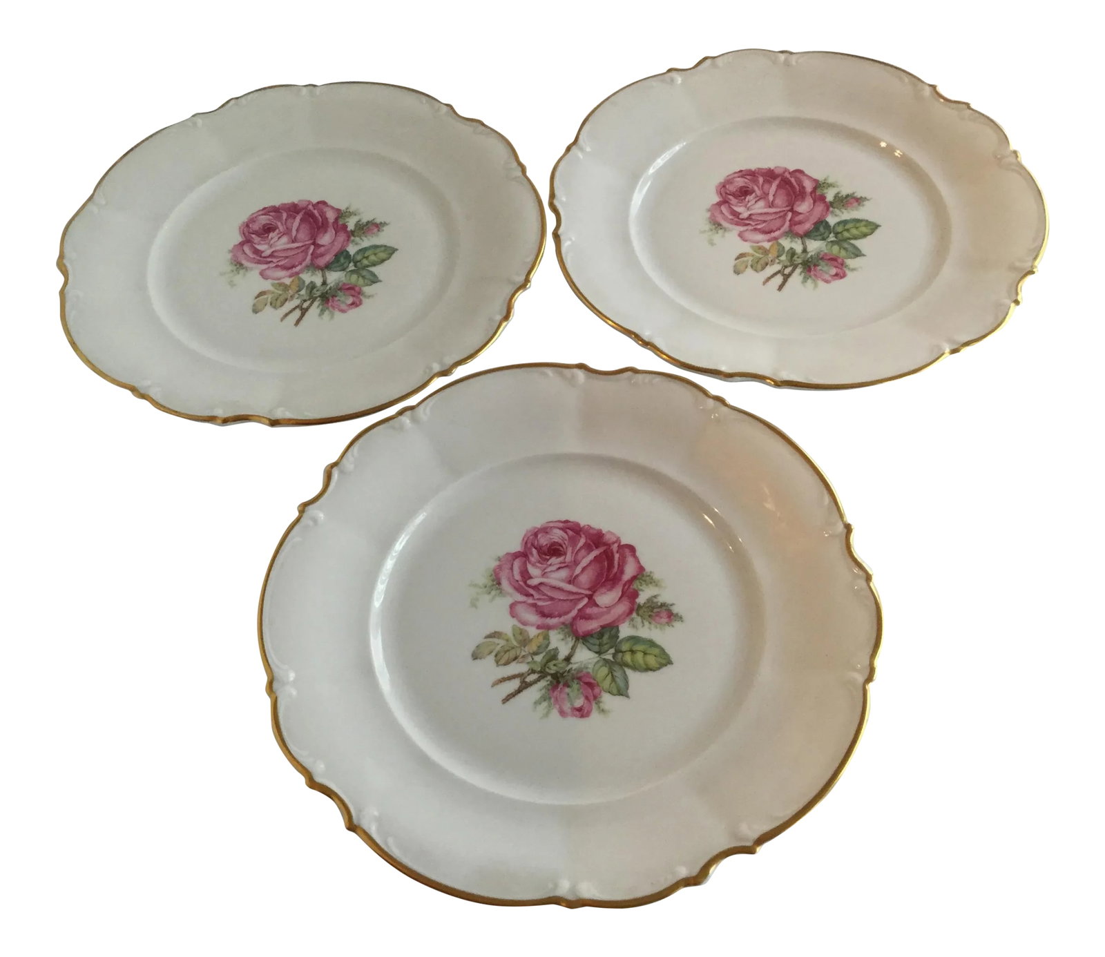 1950s Bavarian China Plates - Set of 3: A trio of fine china large dinner plates Made by Hutschenreuther Selb in Bavaria, Germany between 1939 and 1965. These beautiful plates have a Sylvia Pink Rose in the center. The scalloped edge of