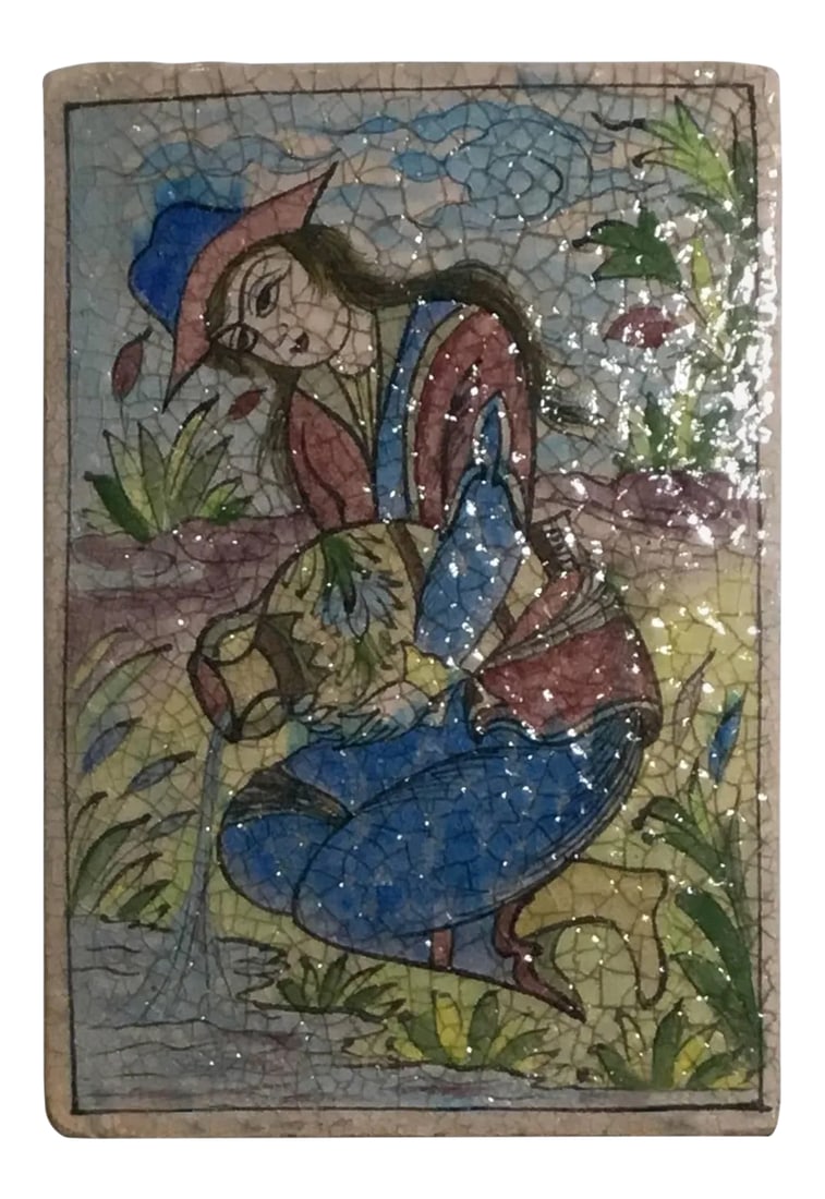 Vintage Persian Ceramic Tile: Exceptional Persian tile all hand-painted and glazed with garden scenery of a elagent looking woman watering her garden. Great decorative tile on display, functional steel display piece included.
