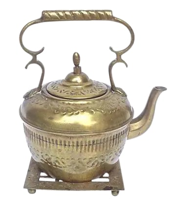 Antique Embossed Brass Teakettle & Trivet: Antique 1900-1910 brass teakettle and trivet. Kettle has embossed abstract leaf and floral designs. Trivet has engraved abstract leaf and floral designs. Condition: some wear and patina. No maker's