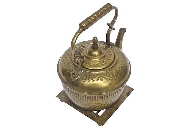 Antique Embossed Brass Teakettle & Trivet - 2
