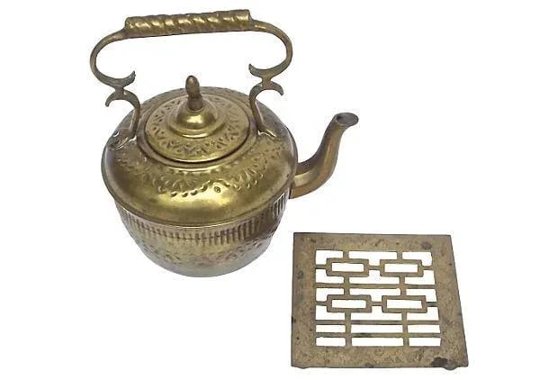 Antique Embossed Brass Teakettle & Trivet - 3