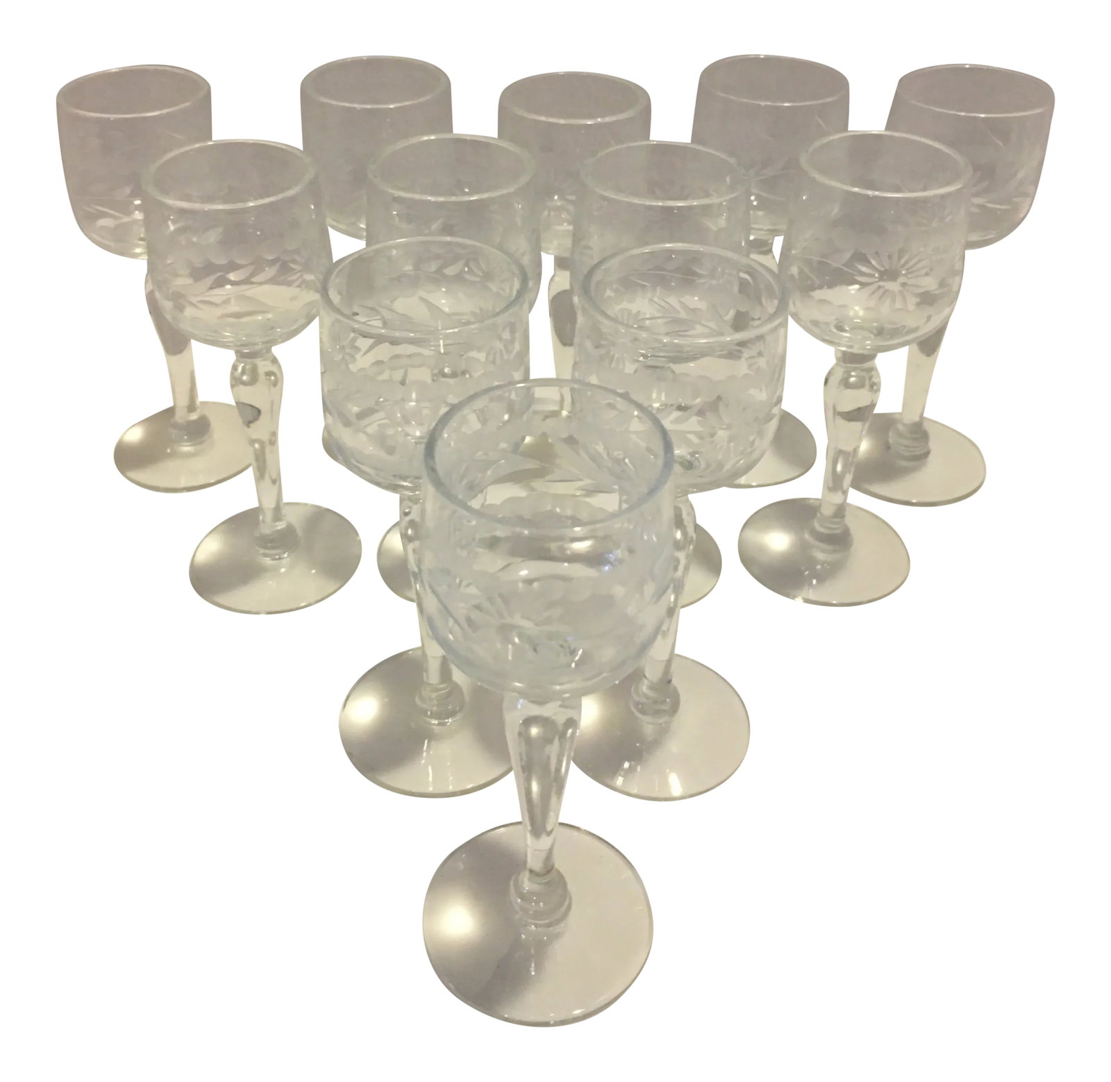 Vintage Crystal Etched Cordial Glasses - Set of 12: Lovely set of 12 Vintage Crystal etched cordial glasses. Circa 1940's. Free of Any chips cracks or flea bites. Seldom do you find a set of 12 especially in pristine condition. Each are 4 1/8" tall x