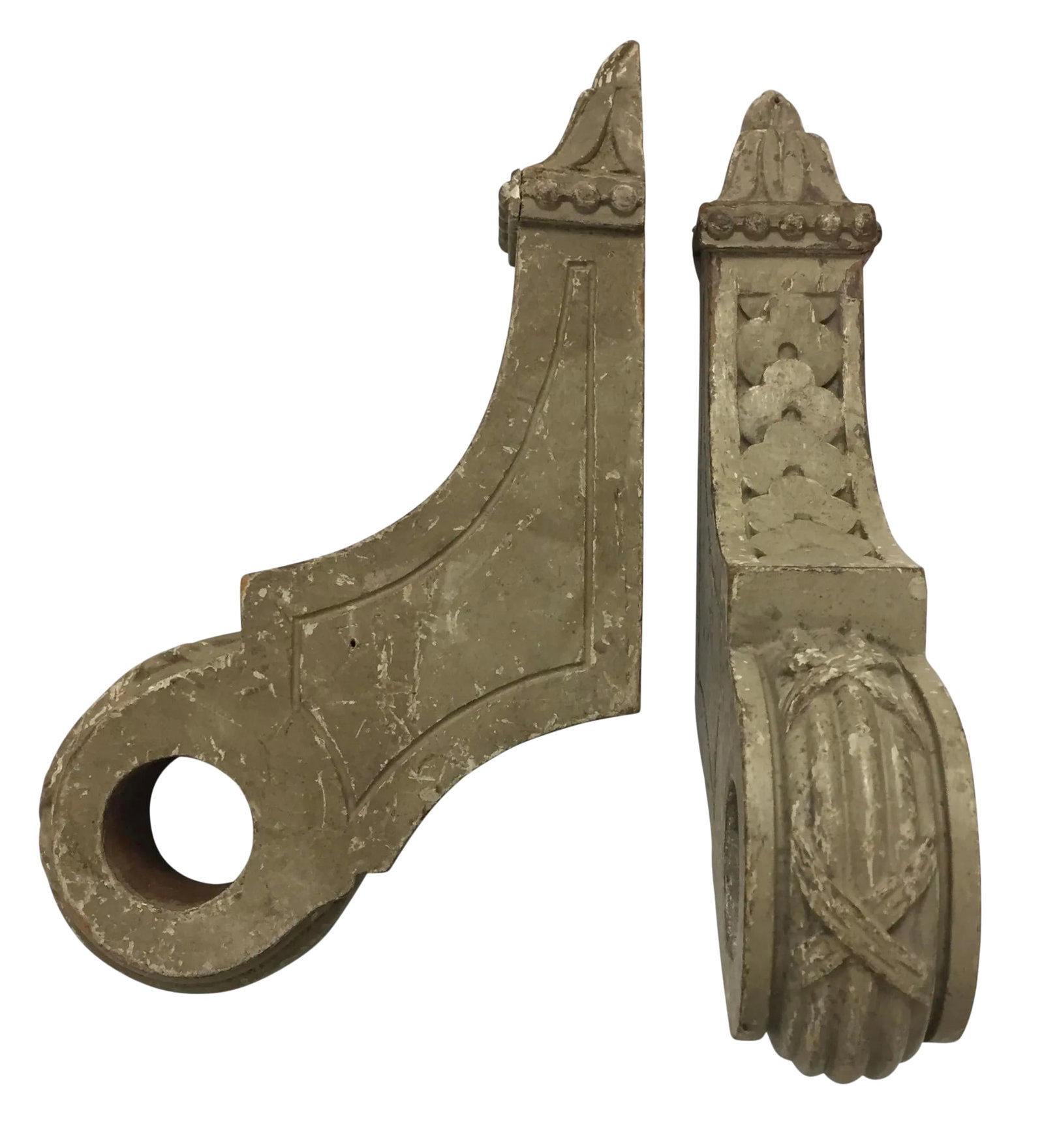19th Century French Painted and Carved Brackets - a Pair: A beautiful pair of carved and green painted brackets with large holes that could be used for a hanging rod or curtain rod. 19th C, France Condition: Alterations: Original Condition Unaltered
