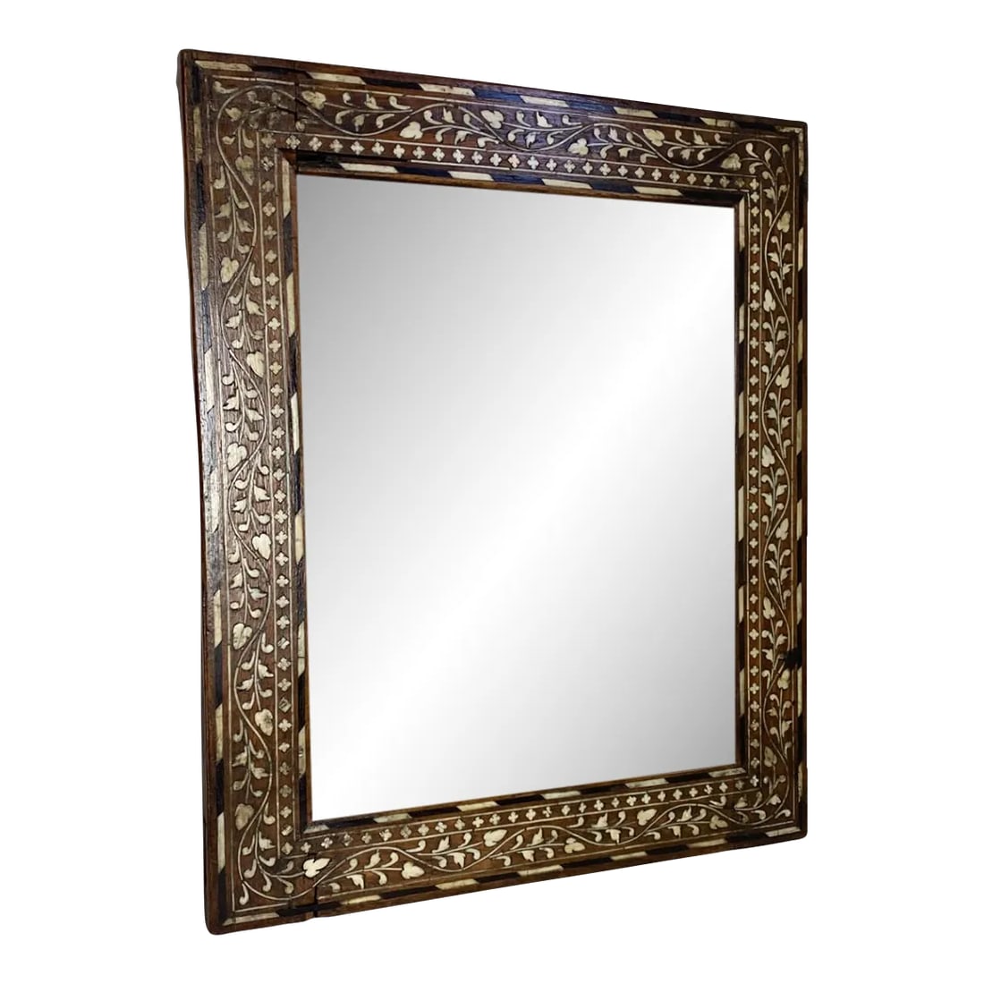 1960s Middle Eastern Bone-Inlaid Mirror: Beautiful Middle Eastern bone-inlaid frame with mirror. Ready to hang bit of exotic intrigue for any space. Perfect for brightening a dark spot or dark space on your book shelves. Condition: