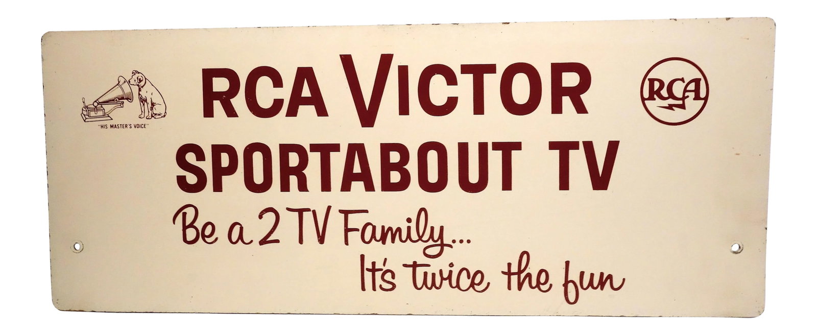 Mid 20th C. RCA TV Advertising Sign: Offered for your consideration is this mid 20th century painted on board / masonite early RCA TV advertising sign. Sophisticated Chocolate Brown script over a Tan background, touting their new, HUGE, 