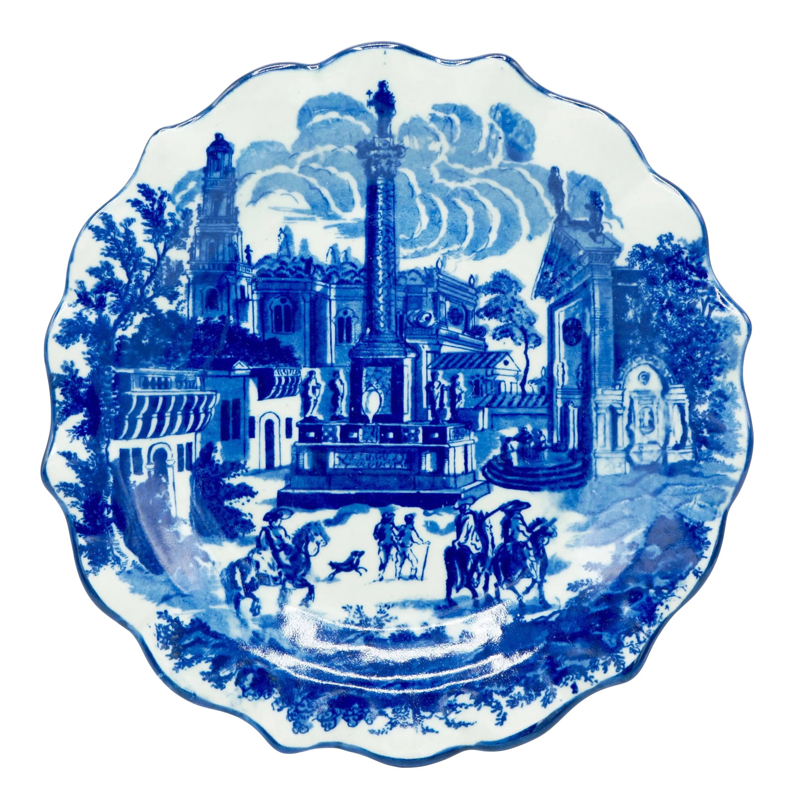 Late 19th Century Ironstone Blue and White Town Scene Plate: This is a 10 inch ironstone plate features a traditional blue and white town scene. With unique scalloped edges, this plate is great for use, kitchen, office, or dining room decor. Condition: