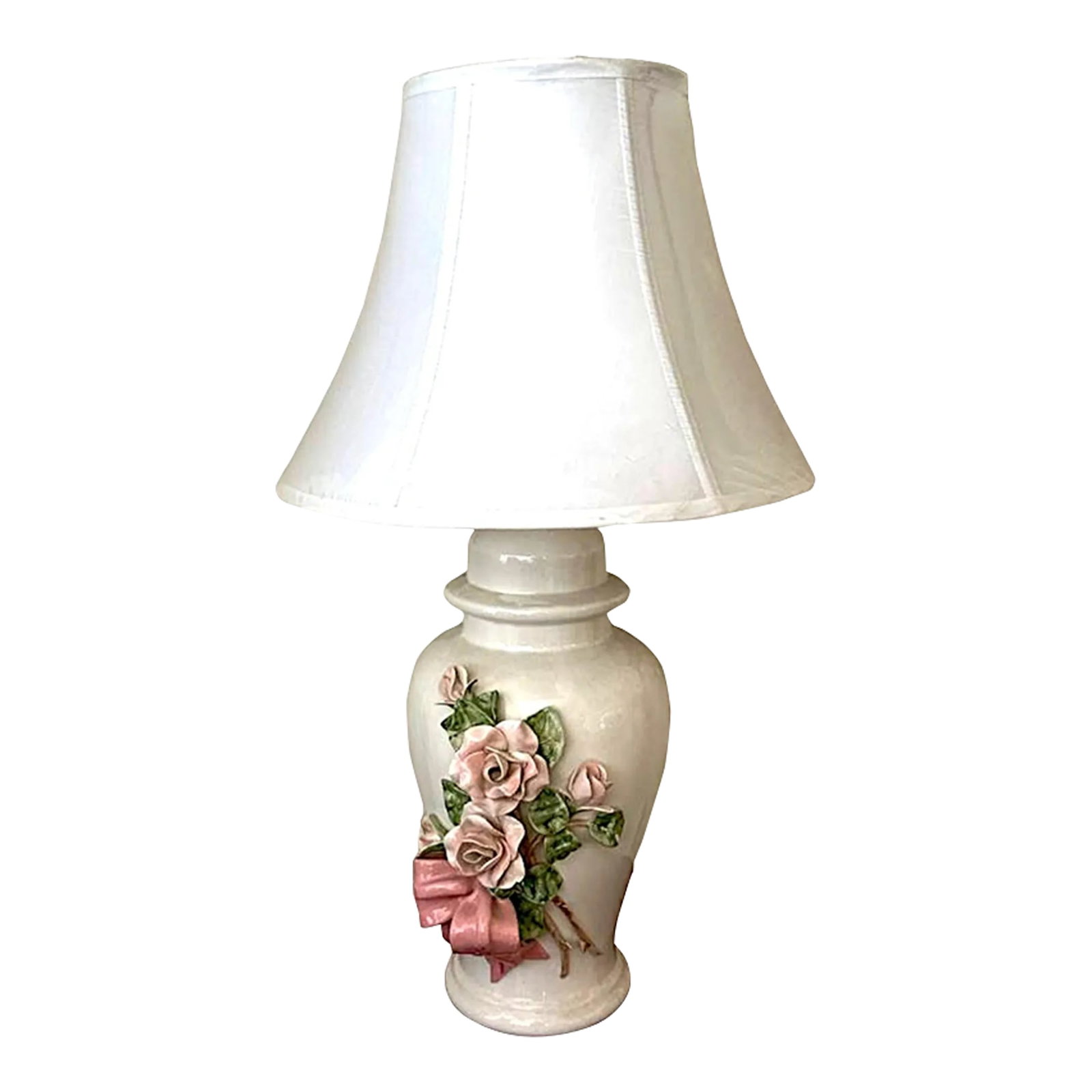 Capodimonte Rose Encrusted Ginger Jar Lamps - a Pair: A pair of sophisticated life like Rose Bouquet encrusted Corday style table lamps made in the manner of Capodimonte porcelain from Italy. The two ivory ginger jar shaped lamps are a natural fit on fla