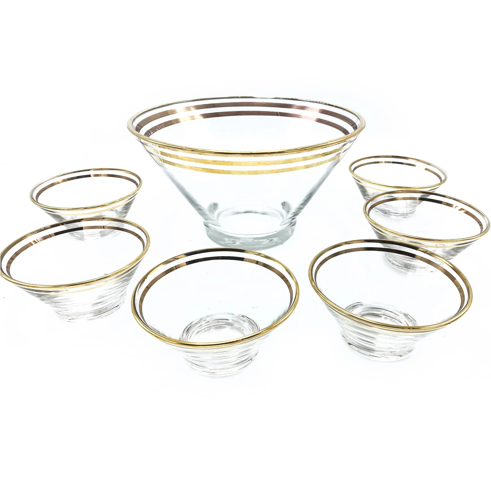Vintage French Mid Century 7 Piece Salad Bowl Set With Gold Rim Detailing: Vintage ultra mid century 7 piece salad bowl set with gorgeous gold rim Details, made in France. The set includes one large serving bowl and six salad bowls. The set is in great Condition and ready