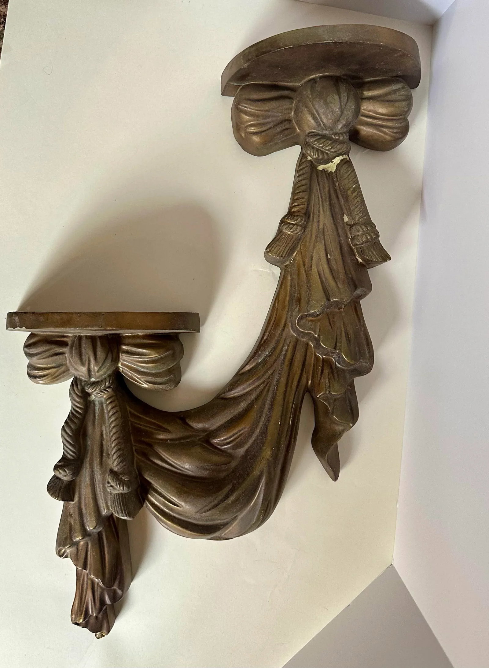 Vintage Dorothy Draper Style Tassel Ribbon Wall Sconce Shelf - 2