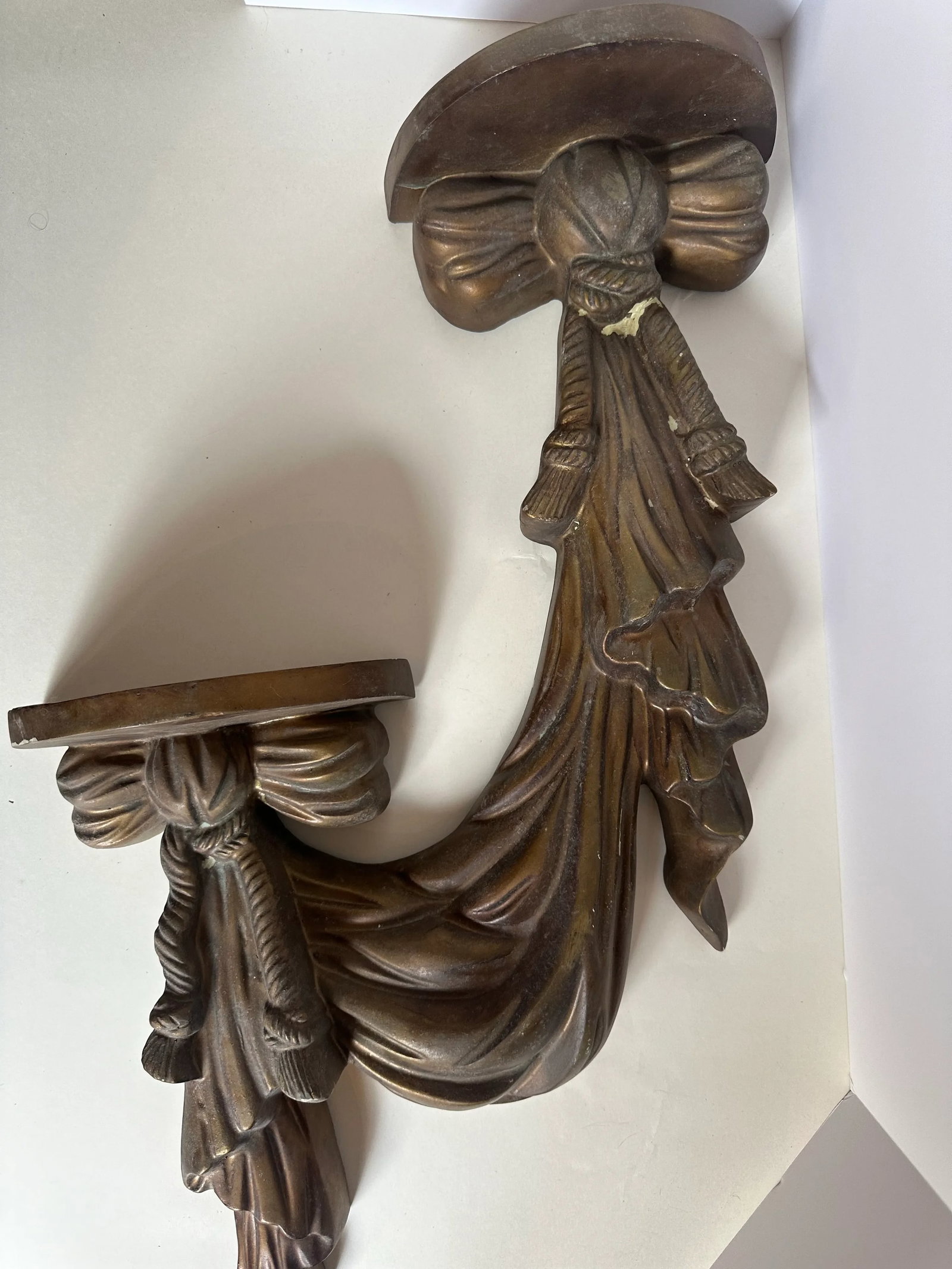 Vintage Dorothy Draper Style Tassel Ribbon Wall Sconce Shelf - 3