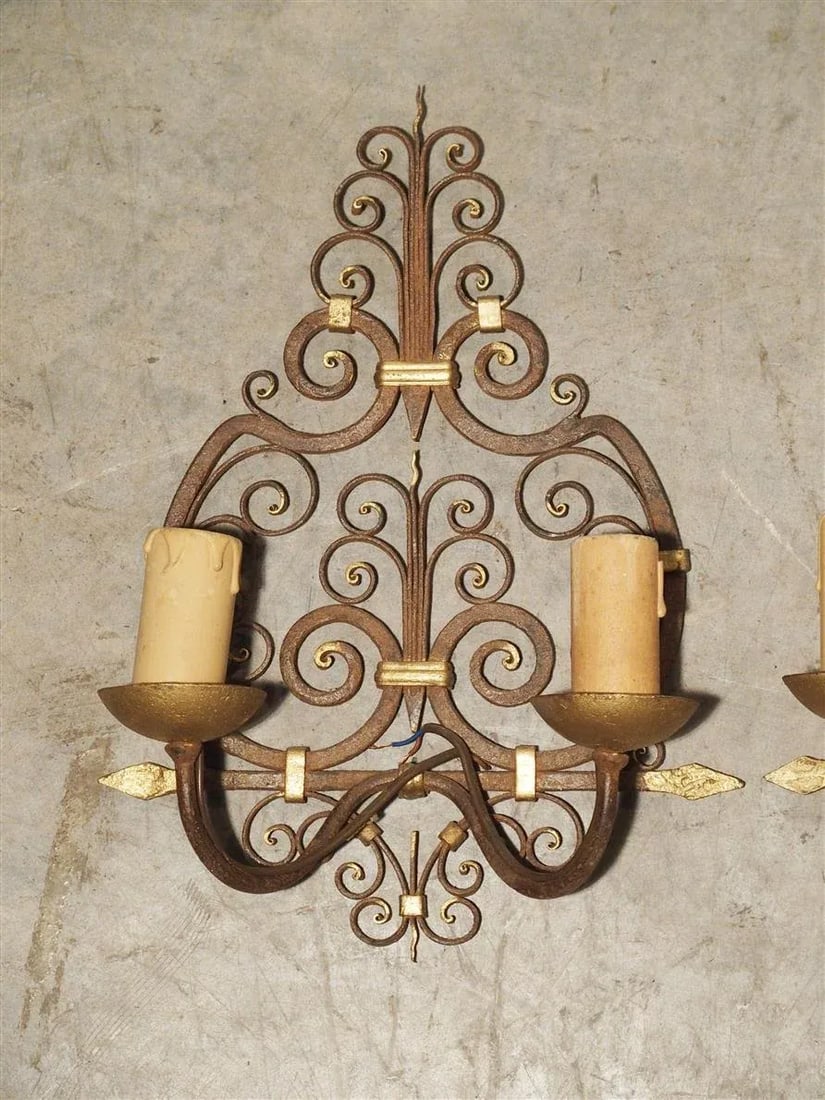 1940s Wrought Iron French Sconces With Gilt Highlights, 1940s - a Pair - 3