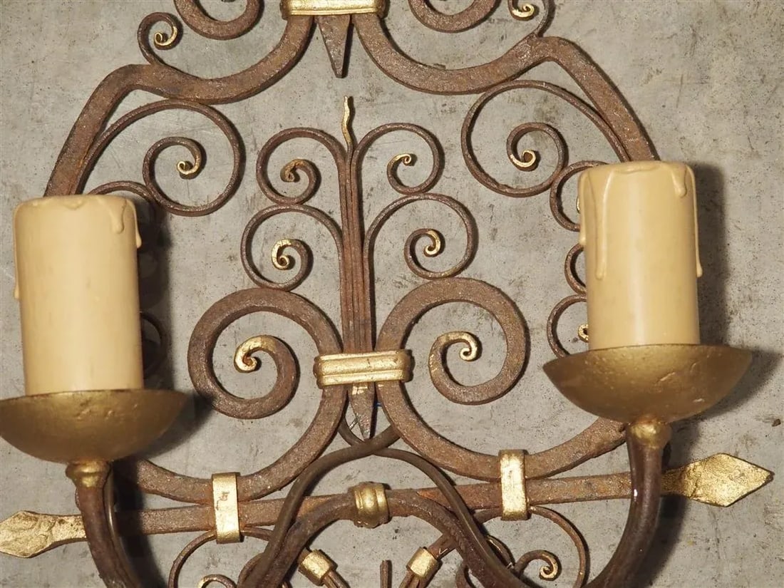 1940s Wrought Iron French Sconces With Gilt Highlights, 1940s - a Pair - 4