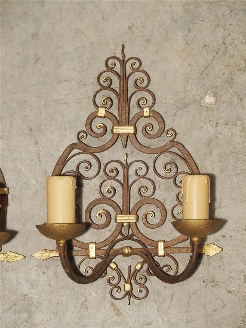 1940s Wrought Iron French Sconces With Gilt Highlights, 1940s - a Pair - 6