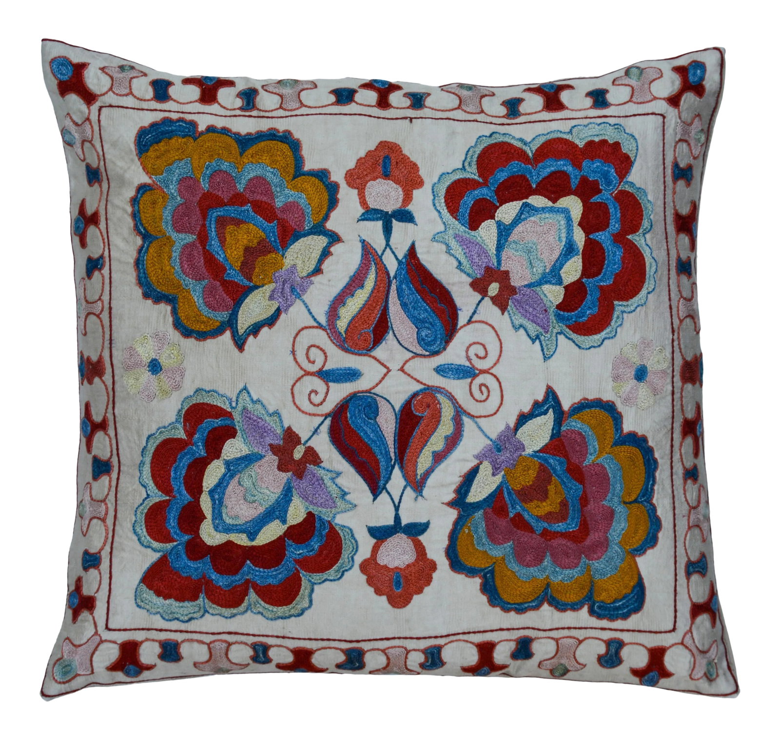 Late 20th Century Handwoven Silk Pillow: Pillow made from a vintage handwoven silk textile with an ornate floral pattern. Solid back. Zipper closure. New custom down-alternative insert included. This beautiful accent ships within 1-2