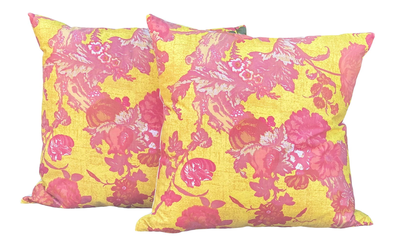 1970's Pop Art Classic Floral Pillows - a Pair: Unique, 1971 printed cotton design by Van Luit Co. A fanciful floral mixture of Reddish Pink, Melon Orange, Yellows, and White comes together to bring Spring to your space. This generouly sized pair,