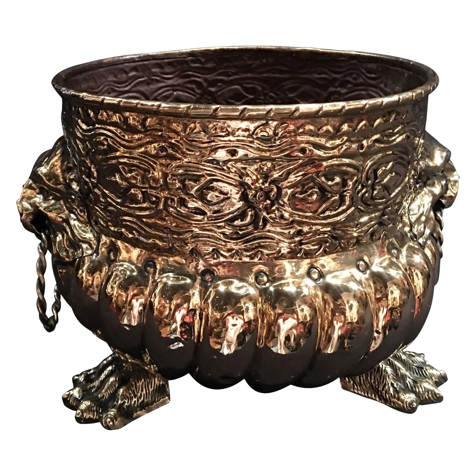 French Polished Brass Round Jardiniere or Planter, 19th Century: French polished brass round jardiniere or planter, 19th century. Condition: Alterations: Original Condition Unaltered Imperfections: Some Imperfections Condition Notes: Excellent Wear consistent with 