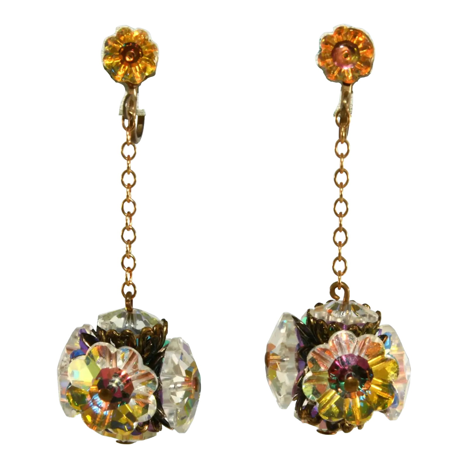 Vintage Drop Earrings Margarita Rhinestones - 2 Pieces: Unmarked clip earrings decorated with a cluster of dangling margarita glass stones suspended from chain. The tops are smaller margarita stones. The color is flashes yellow and clear with a hint of