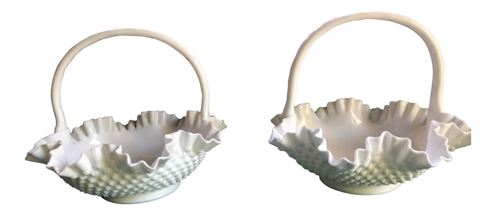Vintage Fenton Hobnail Milk Glass Handled Baskets - a Pair: What can I say about milk glass? First of all it is timeless for interior design. My Grandmother and Mother both displayed it and I have it in my own home. My Daughter's display handed down pieces in 