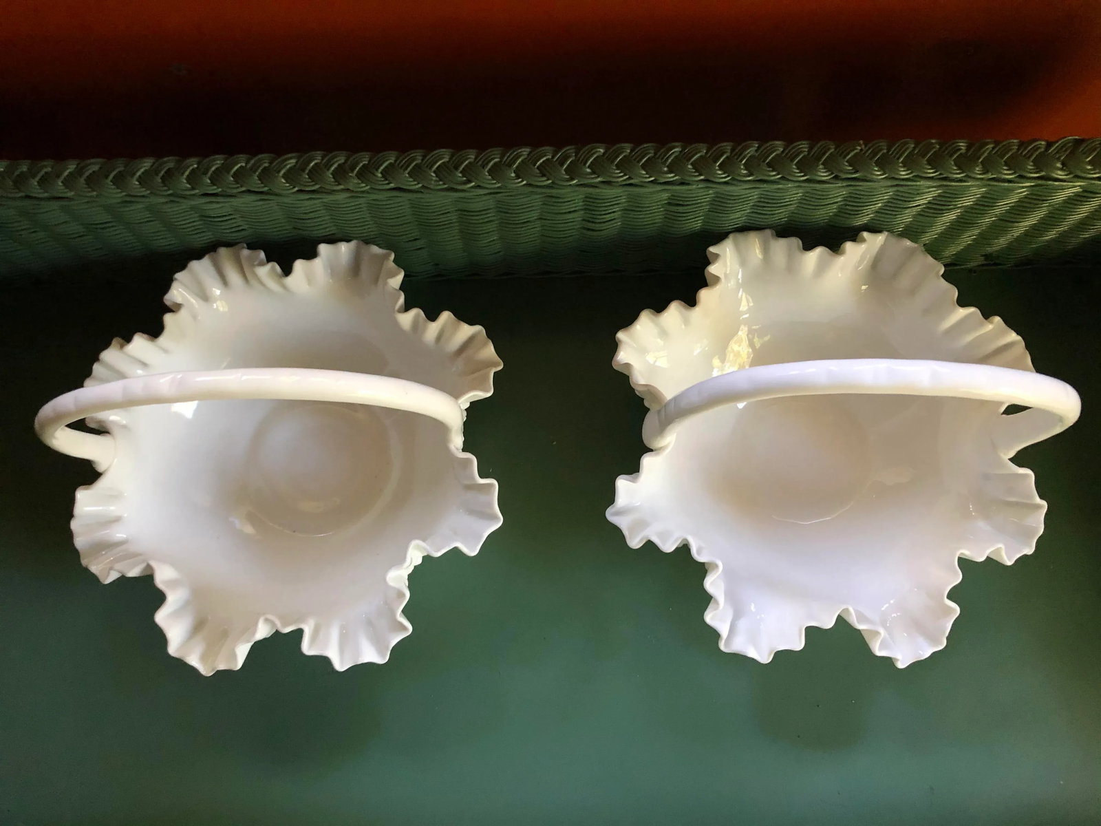 Vintage Fenton Hobnail Milk Glass Handled Baskets - a Pair - 2