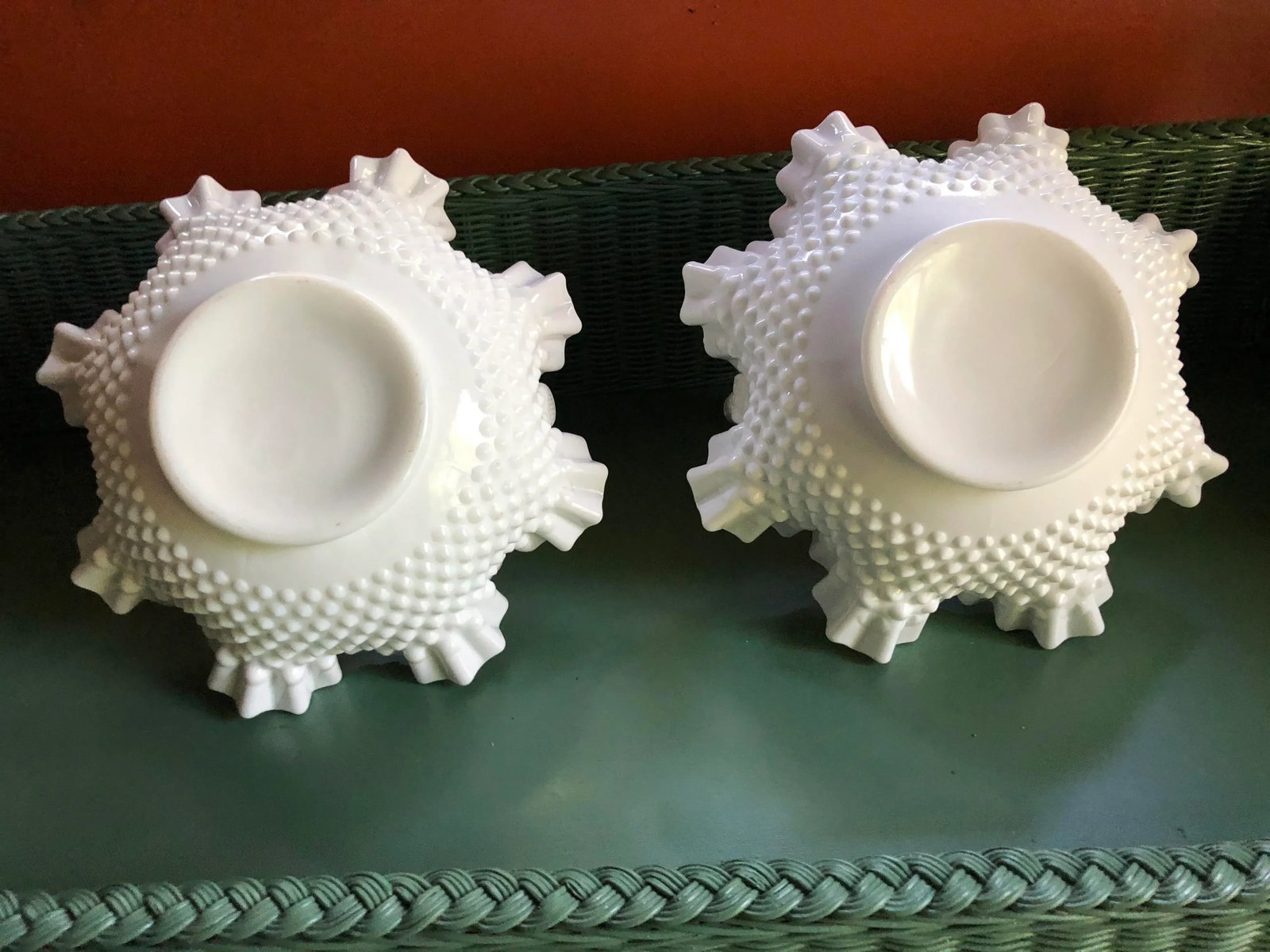 Vintage Fenton Hobnail Milk Glass Handled Baskets - a Pair - 3
