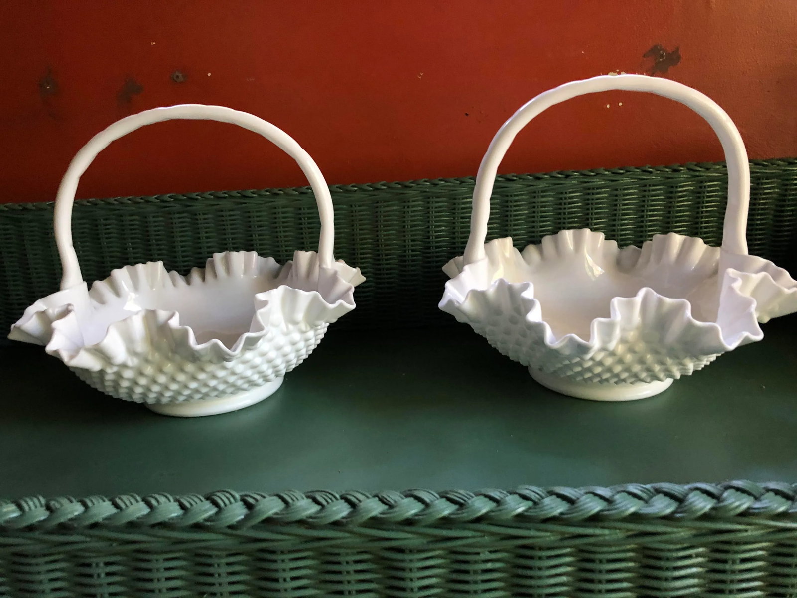 Vintage Fenton Hobnail Milk Glass Handled Baskets - a Pair - 6