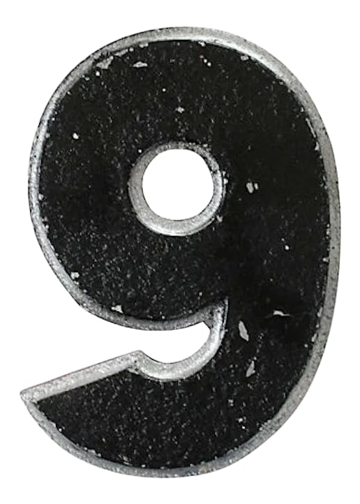 Vintage Metal Drive-In Number 9: 1950s drive-in sign, aluminum black and silver number 9, stamped "Wagner Sign Service Inc." on back. Number has slots on back for hanging. Surface wear, scratches, chips in paint. Condition: Alteratio
