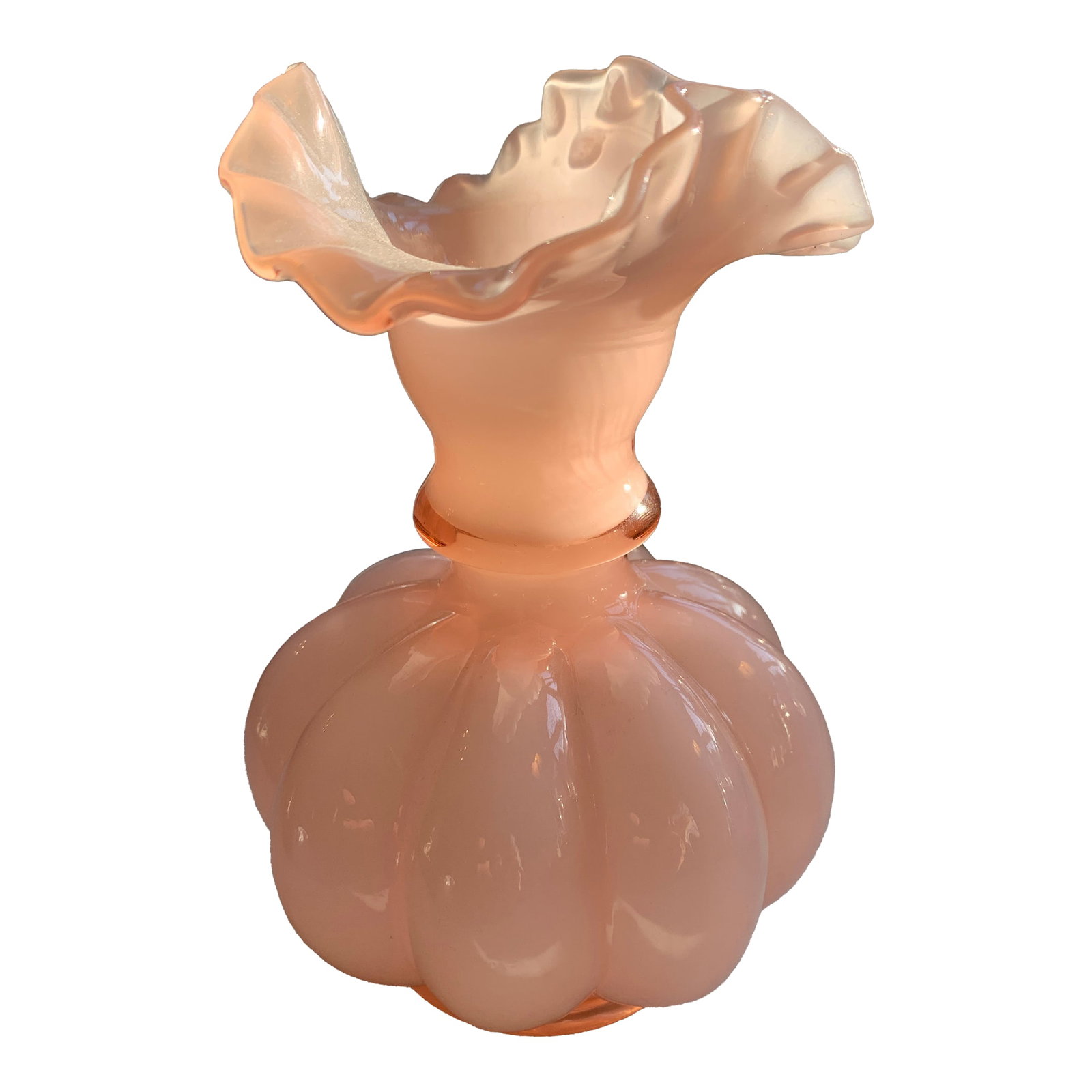 Vintage Fenton Ruffled Melon Rosaline Glass Vase: Here we have a darling mid century art glass vase, most likely made by Fenton although it isn't signed. Gorgeous pale rose overlay cased glass vase in excellent condition with no damage whatsoever. Ho
