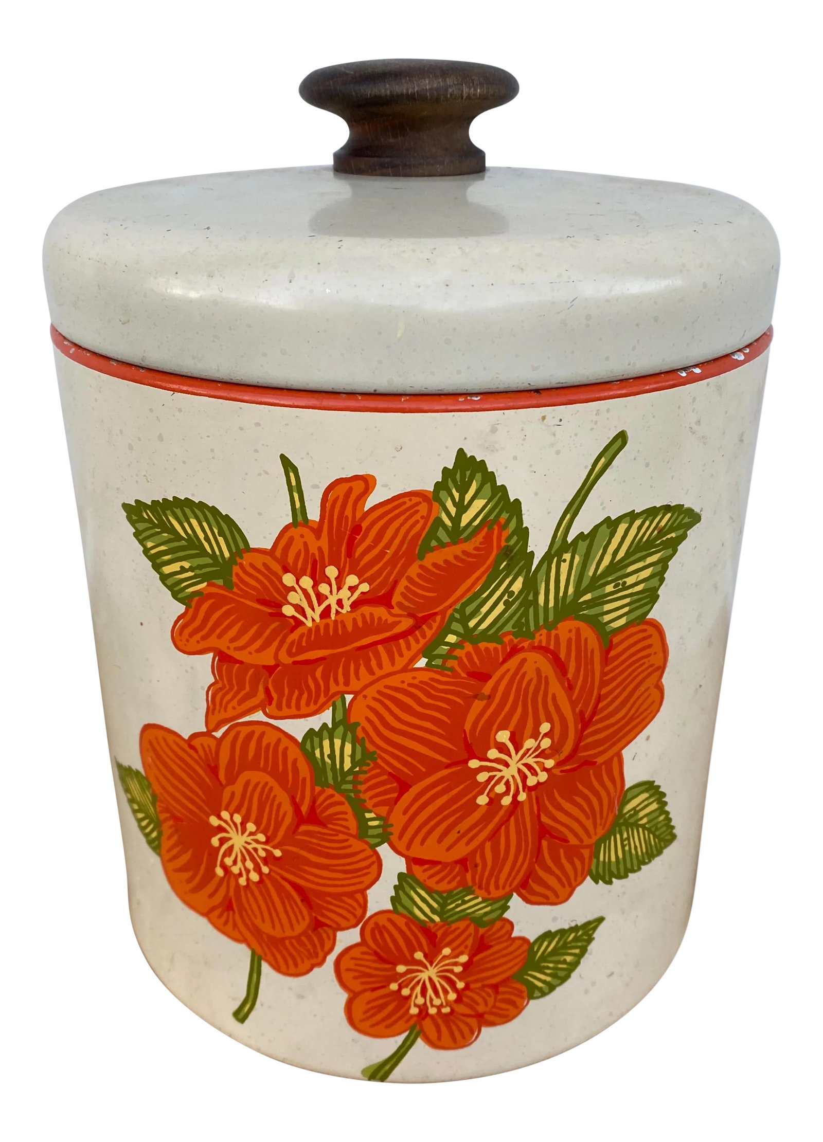 Mid 20th Century Ransburg Floral Tin Canister: Authentic original Ransburg heavy gauge tin canister. Striking Burnt Orange flowers on a creamy custard colored background. Topped with a wooden Bakelite knob. Nice sturdy metal construction with