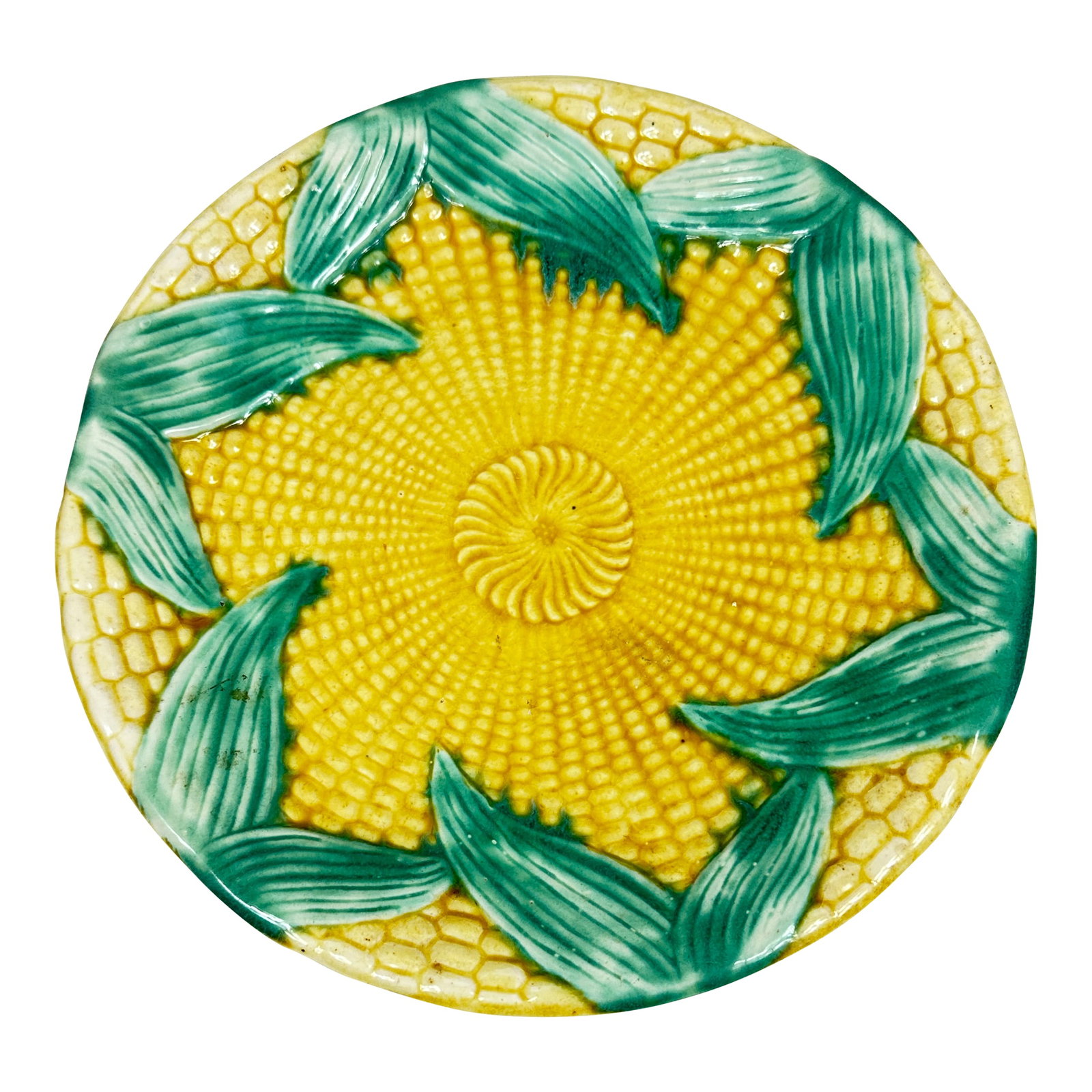 Vintage Majolica Corn Plate: Vintage majolica corn plate. This is a pre-owned item so please see all pictures and ask any questions. Condition: Alterations: Original Condition Unaltered Imperfections: Some Imperfections