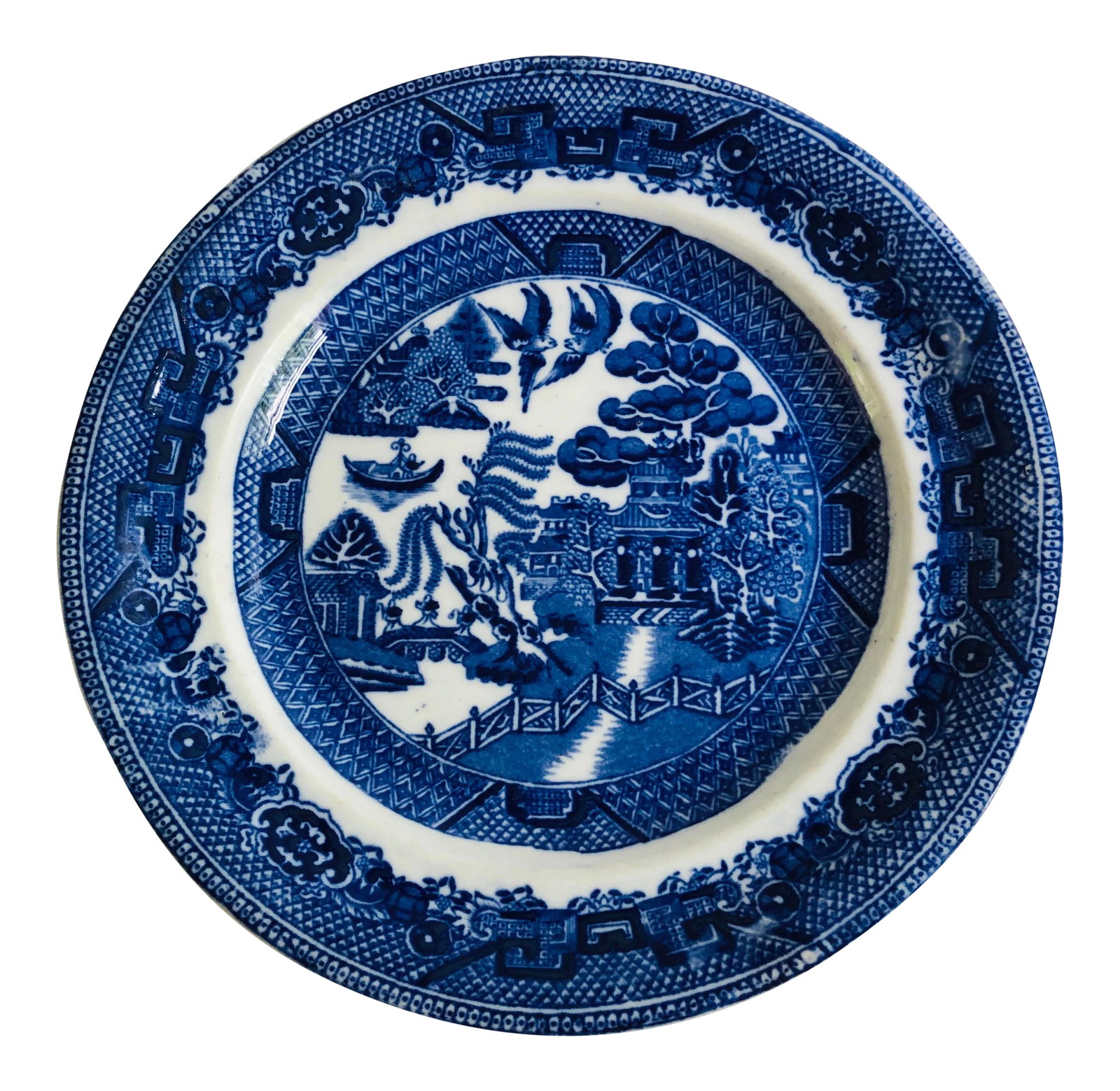 Antique Staffordshire Style Blue Willow 9" D Plate: Antique blue willow ironstone 9" D plate" makers mark reads " Staffordshire England " small chip under the rim. Condition: Alterations: Original Condition Unaltered Imperfections: Some Imperfections