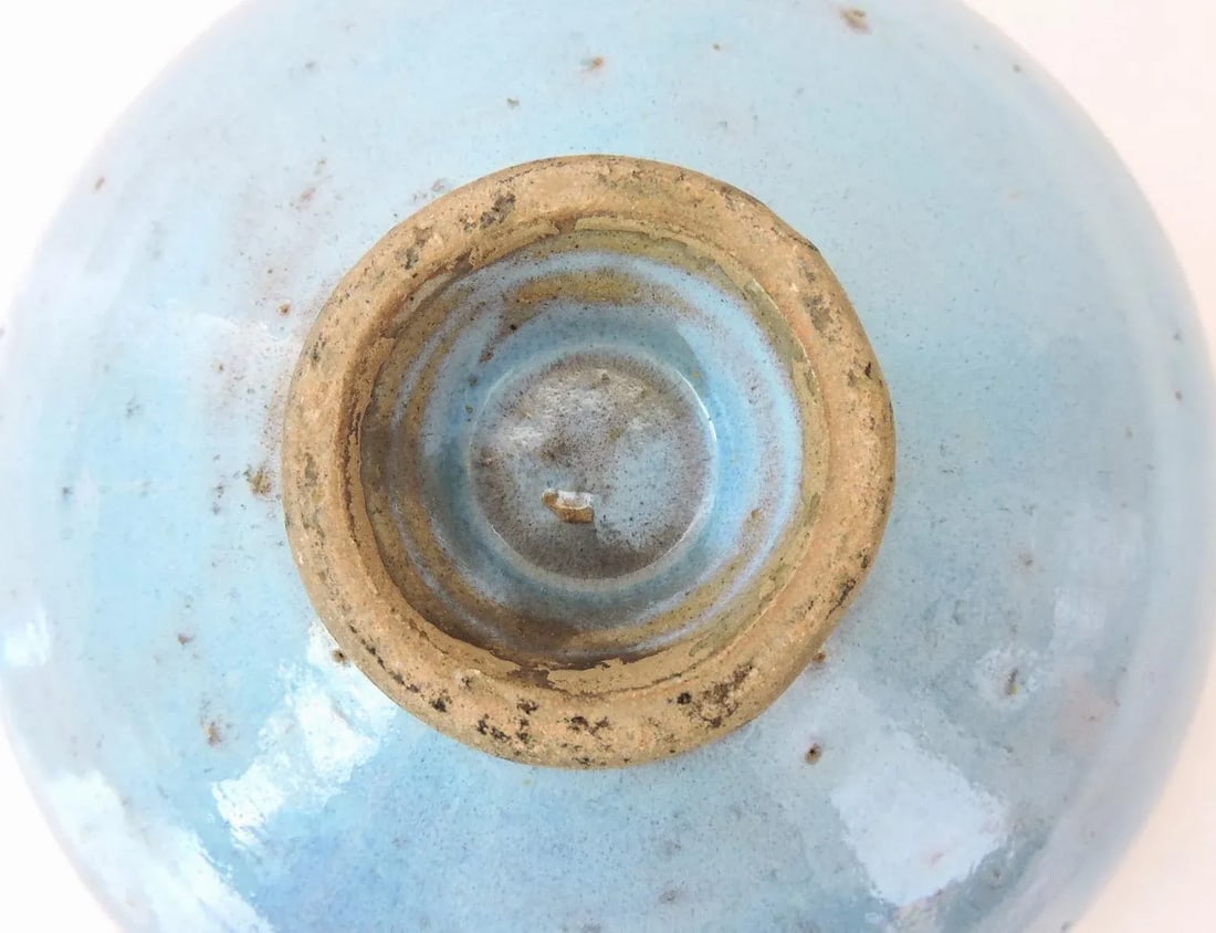 Late 19th Century Antique Chinese Pale Blue Glazed Jun Ware Bowl and Wood Display Stand, Qing - 10