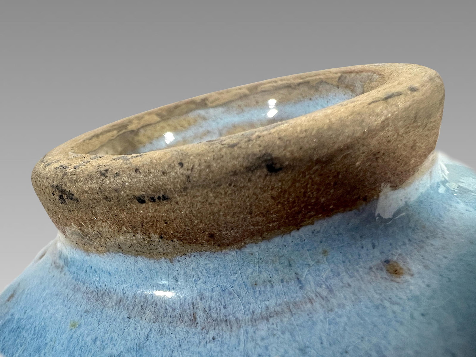 Late 19th Century Antique Chinese Pale Blue Glazed Jun Ware Bowl and Wood Display Stand, Qing - 12