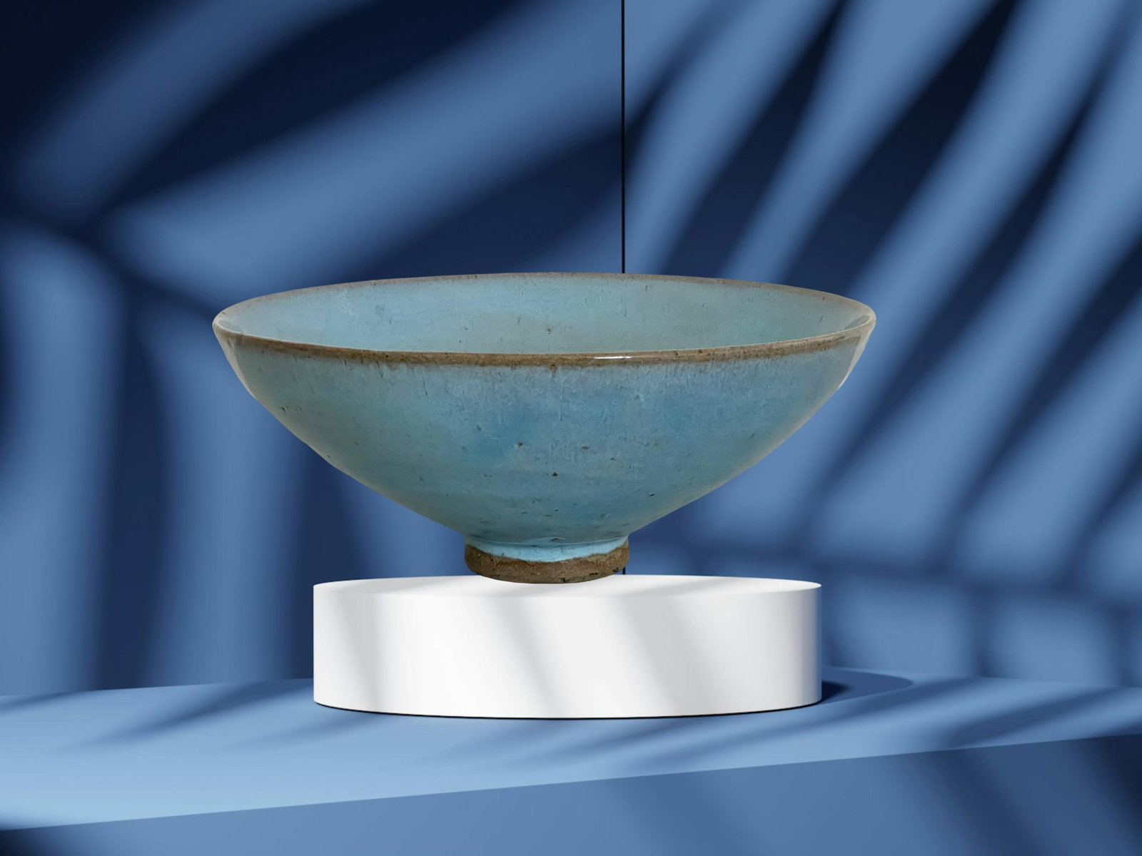 Late 19th Century Antique Chinese Pale Blue Glazed Jun Ware Bowl and Wood Display Stand, Qing - 14