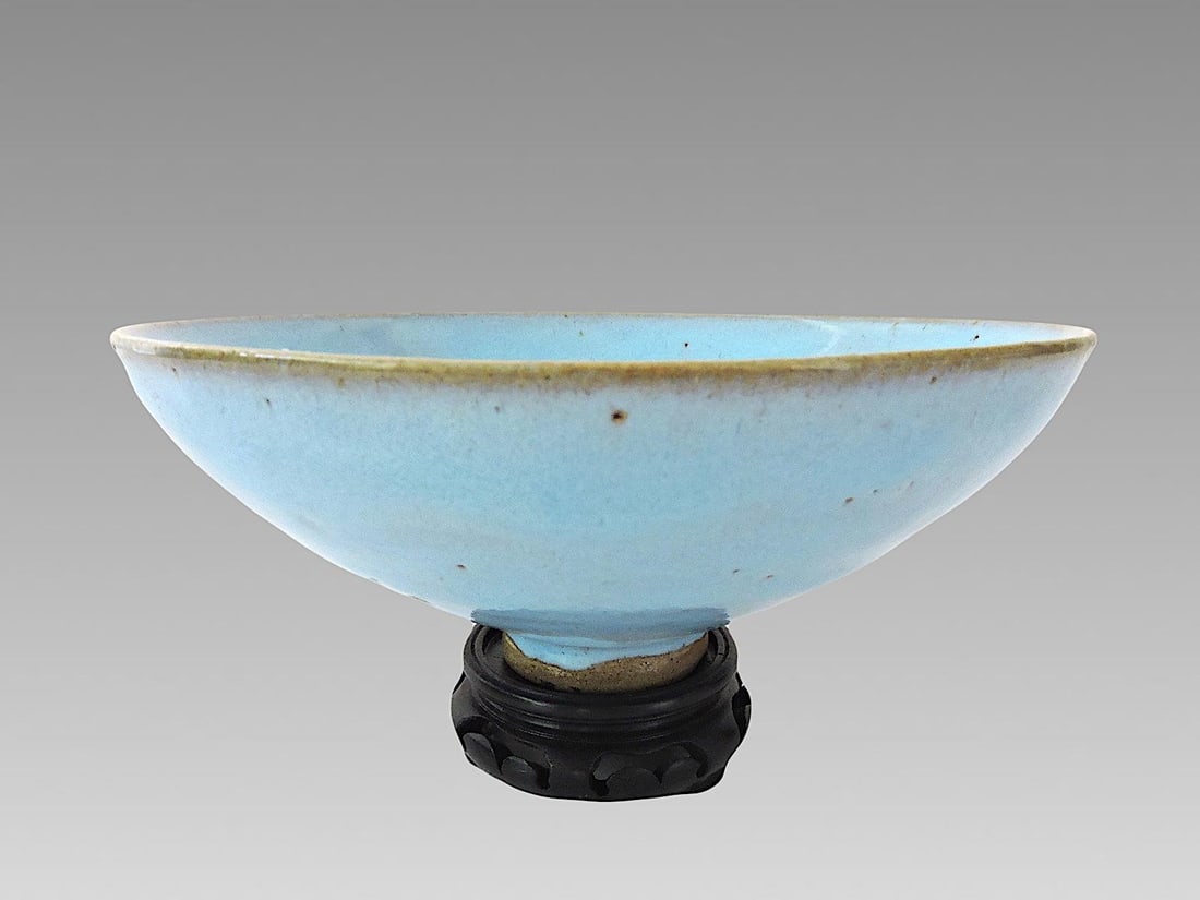 Late 19th Century Antique Chinese Pale Blue Glazed Jun Ware Bowl and Wood Display Stand, Qing - 15