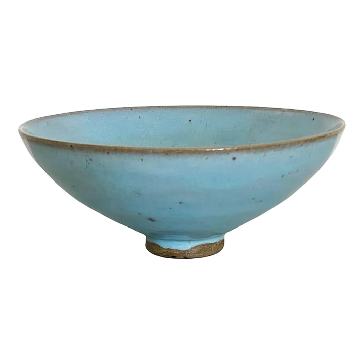 Late 19th Century Antique Chinese Pale Blue Glazed Jun Ware Bowl and Wood Display Stand, Qing: A fine antique Chinese Jun Bowl with wood stand - this ceramic piece was purchased in Canton in the 80's by ourselves, from a collector there of such items at the time. The bowl has an elegant shape a