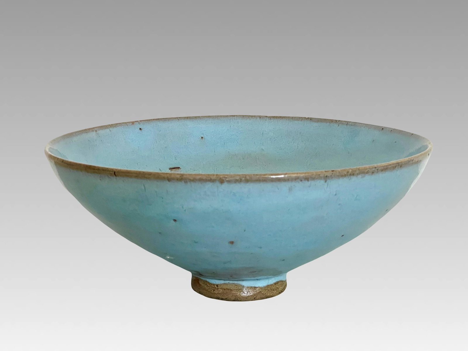 Late 19th Century Antique Chinese Pale Blue Glazed Jun Ware Bowl and Wood Display Stand, Qing - 3