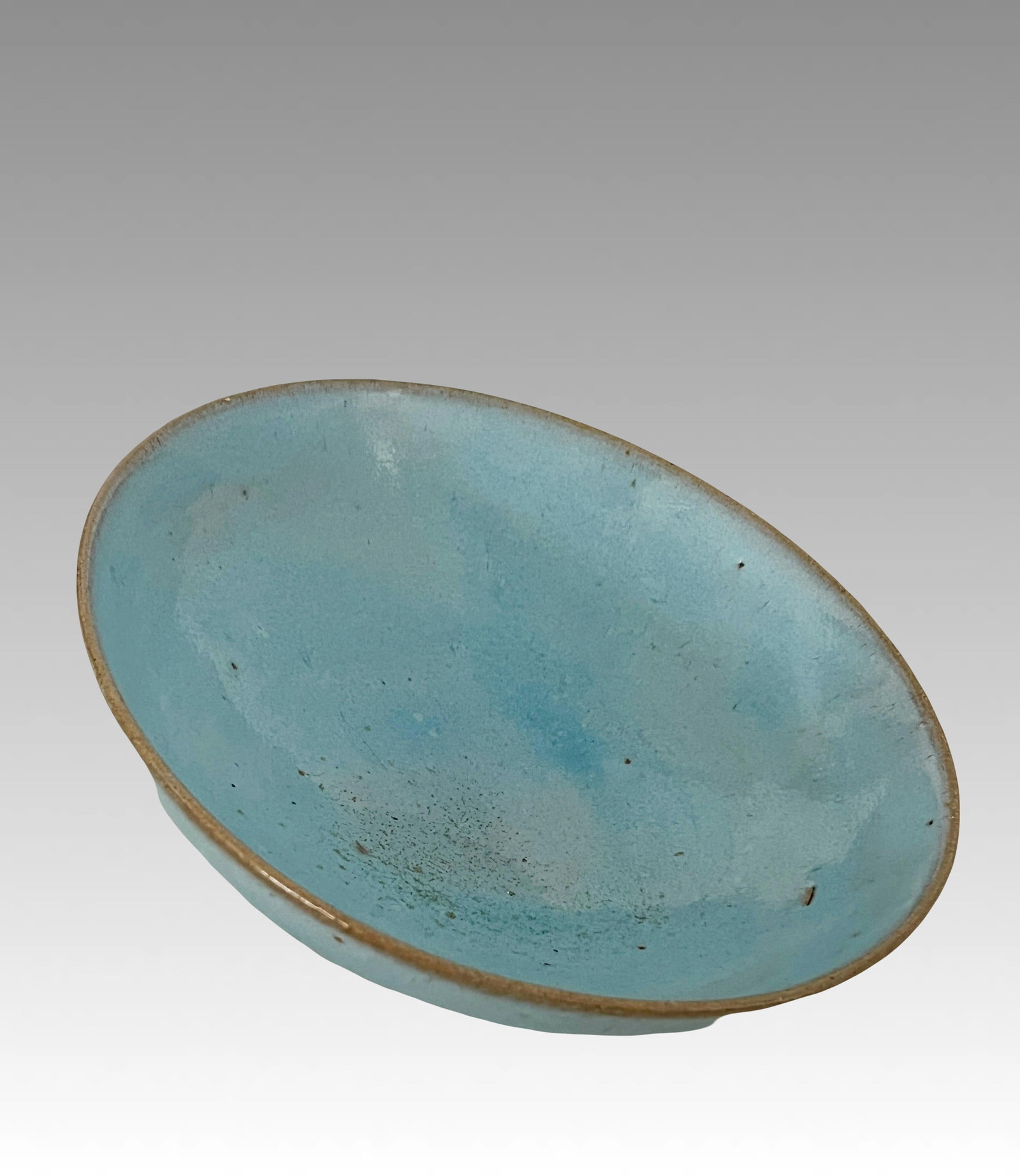 Late 19th Century Antique Chinese Pale Blue Glazed Jun Ware Bowl and Wood Display Stand, Qing - 5