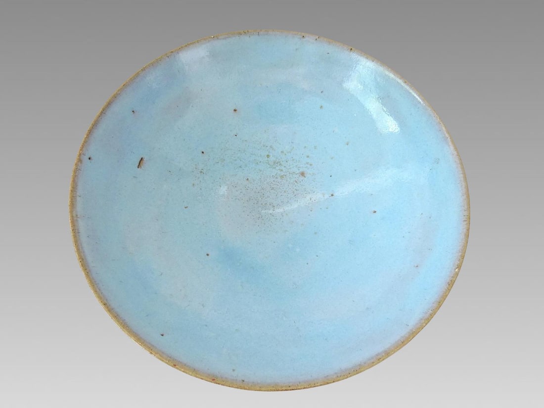 Late 19th Century Antique Chinese Pale Blue Glazed Jun Ware Bowl and Wood Display Stand, Qing - 8