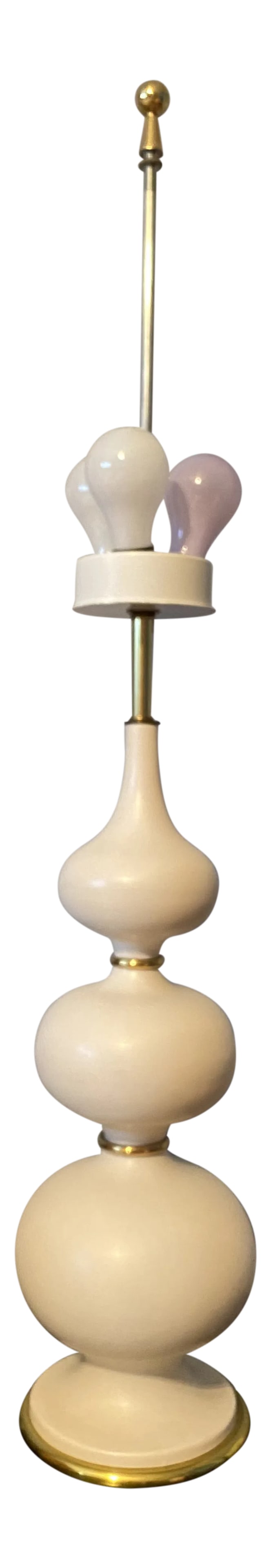 Gerald Thurston White Ceramic Totem Lamp for Lightolier: This is my favorite of all the ceramic Gerald Thurston lamps for Lightolier. It consists of three graduated size bulbous totems stacked up on each other. They are in a matte white finish, With brass
