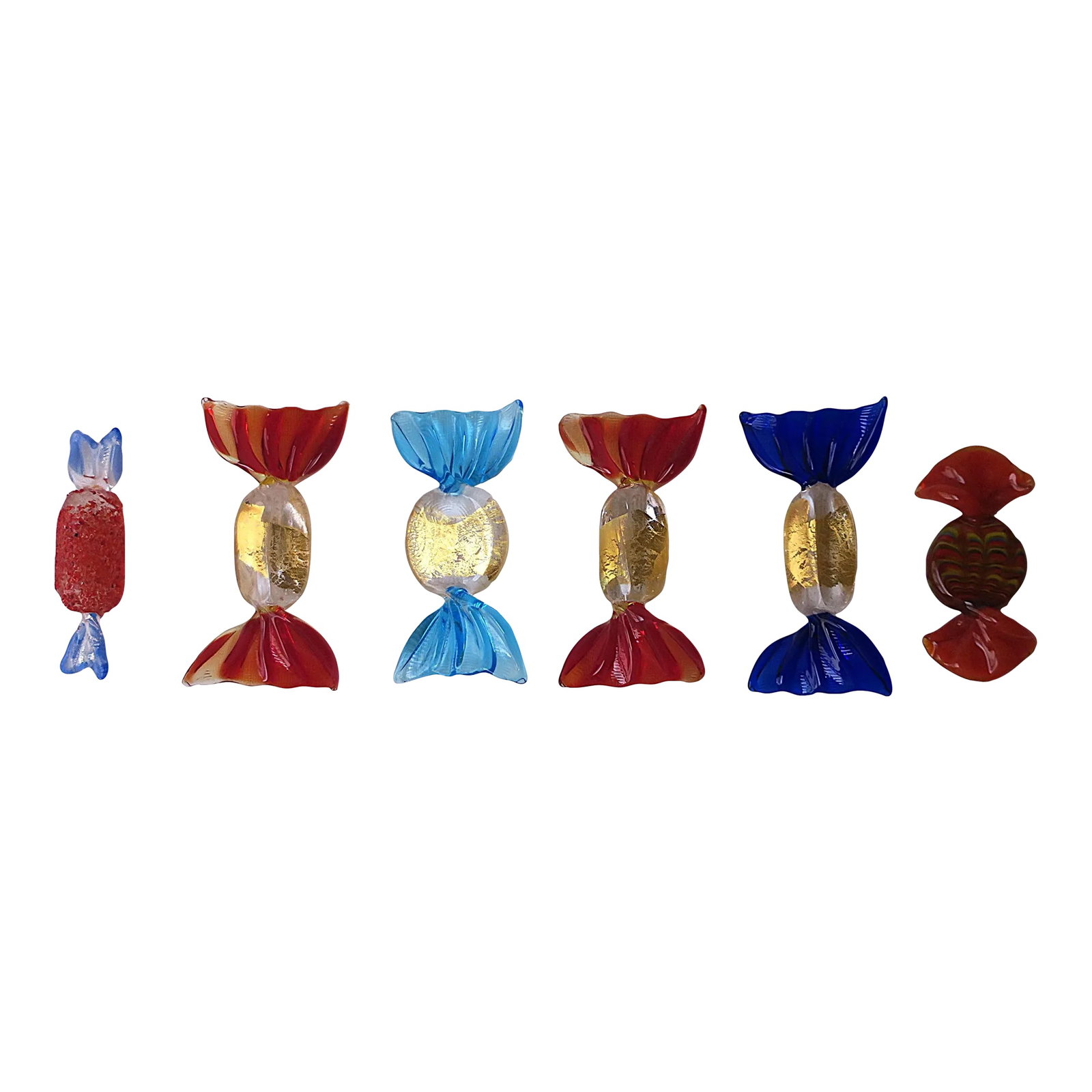 Italian Murano Art Glass Candy, Set of 6: A gorgeous set of six (6) Italian Murano art glass candy pieces, red, gold, blue, circa mid to late 20th century, Italy. Beautiful Murano candies hand-crafted with texture and detail as shown in image