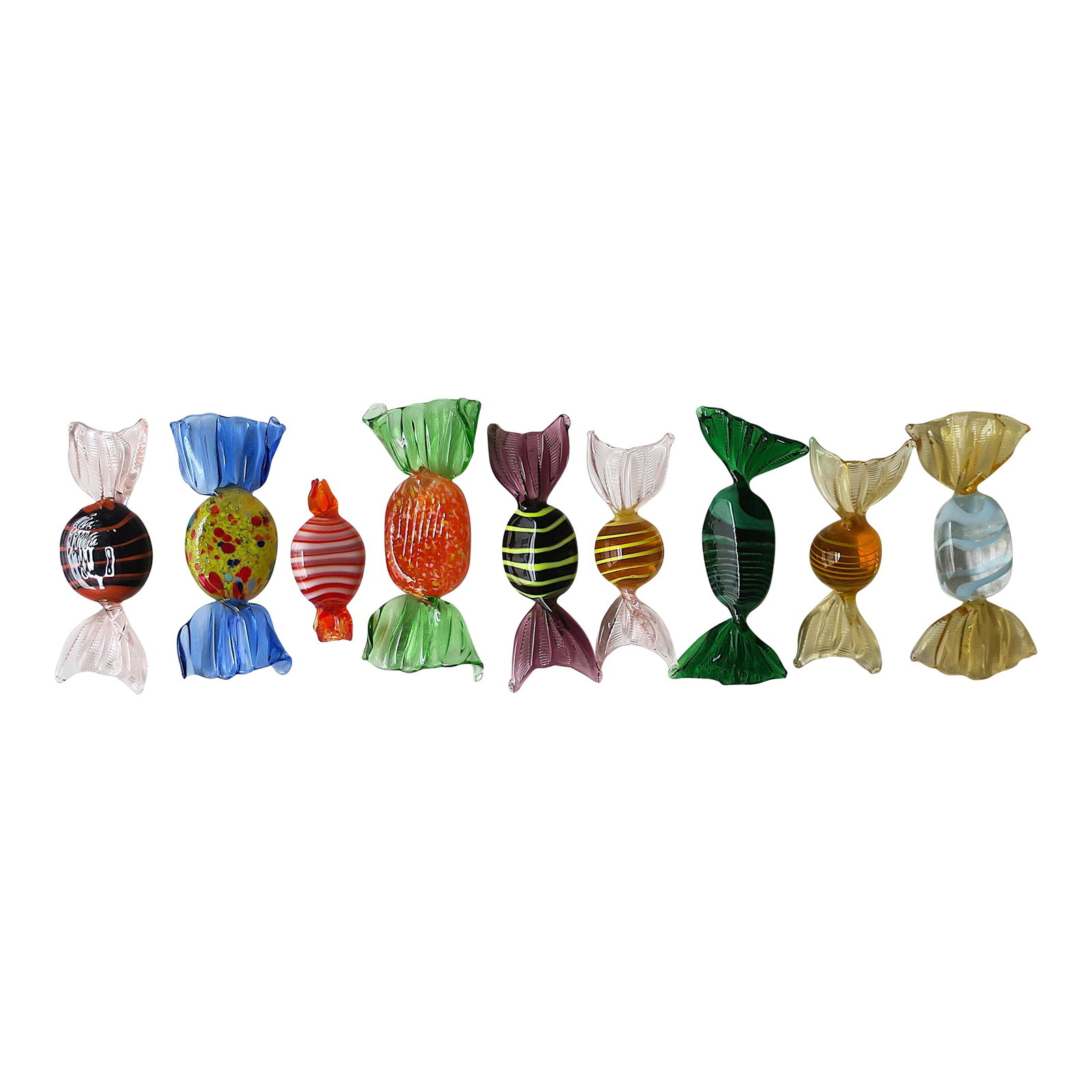 Italian Murano Candy Sculptures: A beautiful set of nine (9) Italian Murano candy sculptures, in a rainbow of colors, in the Modern style, circa mid to late-20th century, Italy. Each beautiful candy is hand-crafted. Colors include