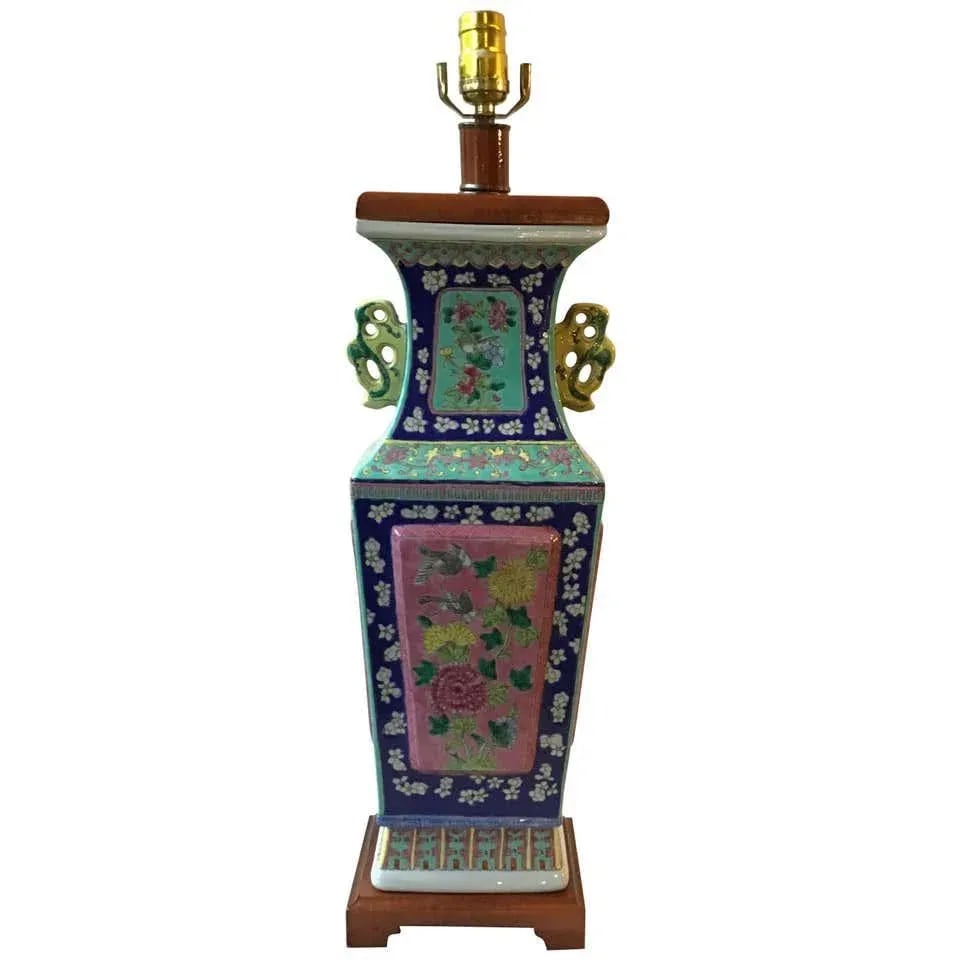 1960s Floral Hand Painted Ceramic Colorful Asian Table Lamp - 11