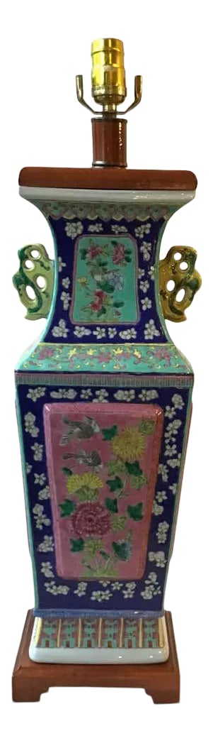 1960s Floral Hand Painted Ceramic Colorful Asian Table Lamp: 1960s Floral hand painted ceramic colorful Asian table lamp. Condition: Alterations: Unknown Imperfections: Some Imperfections Condition Notes: Good condition. Wear consistent with age and use. Measur