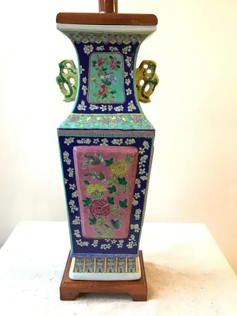 1960s Floral Hand Painted Ceramic Colorful Asian Table Lamp - 3