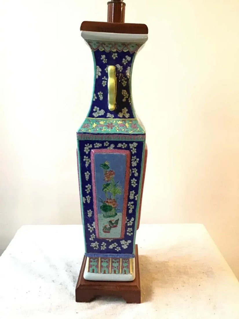 1960s Floral Hand Painted Ceramic Colorful Asian Table Lamp - 5