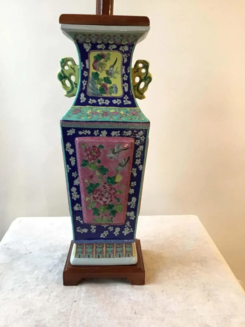 1960s Floral Hand Painted Ceramic Colorful Asian Table Lamp - 6