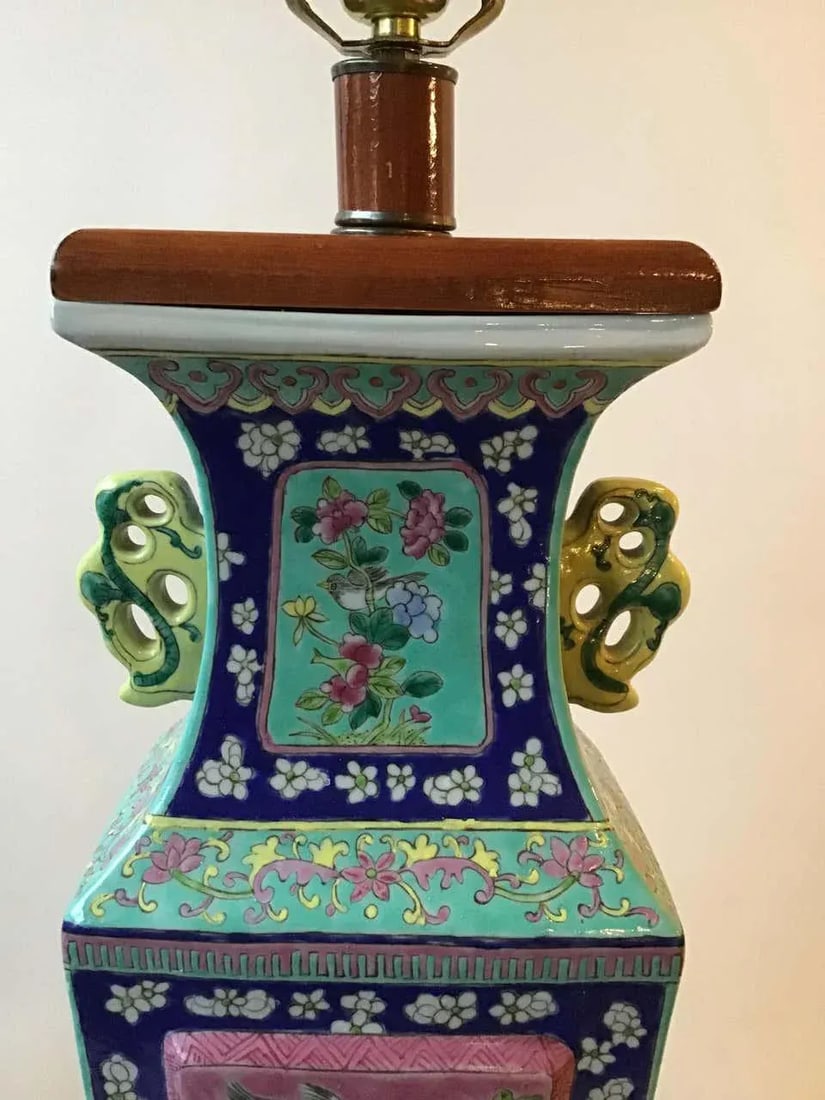 1960s Floral Hand Painted Ceramic Colorful Asian Table Lamp - 7