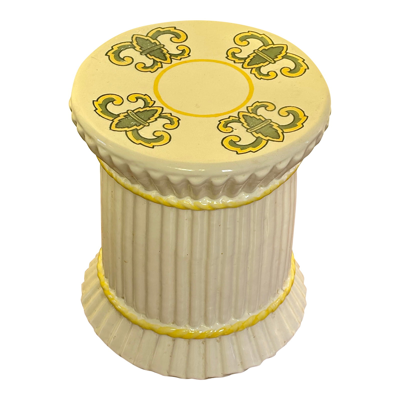 Mid Century White Garden Seat: Vintage Mid Century White Garden Seat with Green and Yellow Leaf Designs on top of seat and faux yellow rope accents around base. Condition: Alterations: Original Condition Unaltered Imperfections: